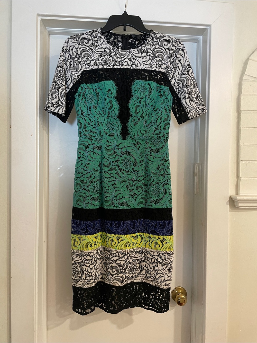 BCBGMaxAzria Green Lace Midi Dress with Black & Yellow Accent Bands